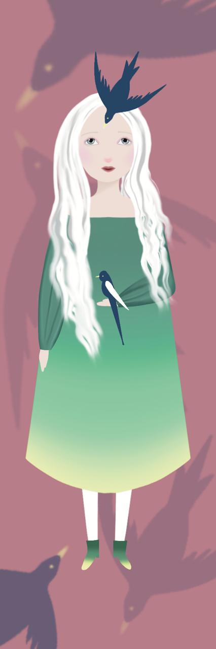 Girl with Swallows — watercolor illustration